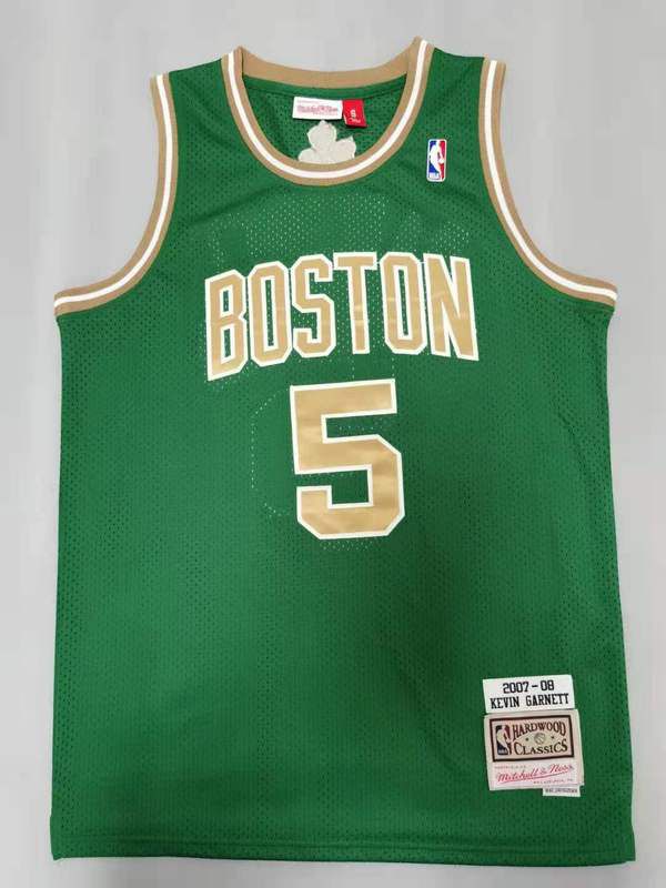 Men Boston Celtics #5 Garnett Green Gold Throwback Best mesh 2021 NBA Jersey->boston celtics->NBA Jersey